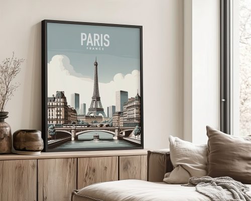 Art print of the Eiffel Tower in Paris with buildings and a bridge in the foreground.