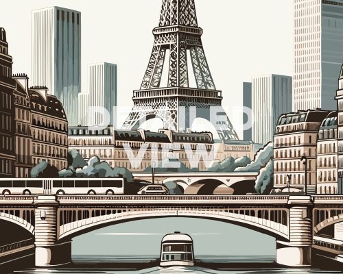 Illustration featuring the Eiffel Tower with buildings and a bridge in Paris.