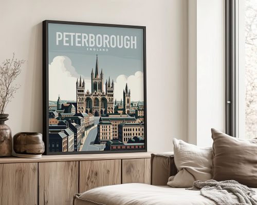 Art print of Peterborough Cathedral with stylized illustration and text in a frame.