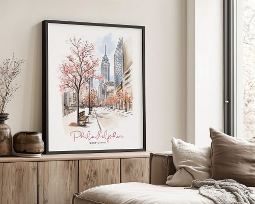 Illustration of Philadelphia featuring buildings and cherry blossom trees in a framed print.