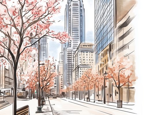 Illustration of a Philadelphia cityscape featuring cherry blossom trees and tall buildings.