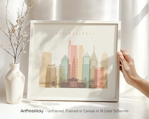 Art print of Philadelphia skyline featuring notable buildings in pastel colors.