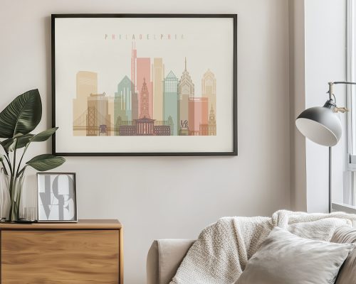 Illustration of Philadelphia skyline featuring various iconic buildings in pastel colors.