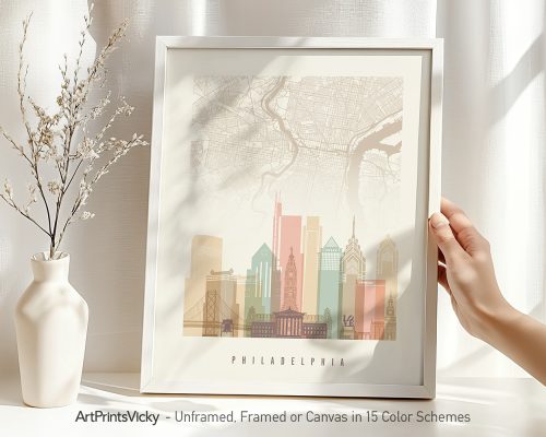 Art print of Philadelphia featuring a stylized city map and skyline in soft colors.