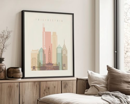 Illustration of Philadelphia skyline with various buildings and structures in pastel colors.