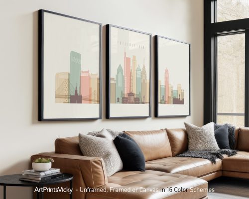 Art print featuring a stylized cityscape of Philadelphia with prominent buildings and structures.