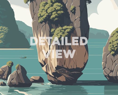 Illustration of a large rock formation with greenery on top, surrounded by water and smaller rocks.
