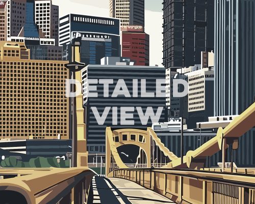Illustration of Pittsburgh cityscape featuring buildings and a bridge in a detailed view.