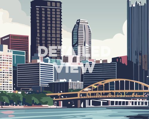 Illustration of Pittsburgh's skyline featuring buildings and a bridge over water.