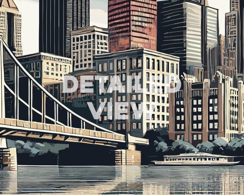 Illustration of Pittsburgh skyline featuring buildings and a bridge over water.