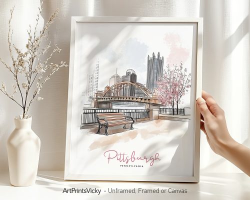 Illustration of Pittsburgh featuring a bridge, skyline, and cherry blossom trees.