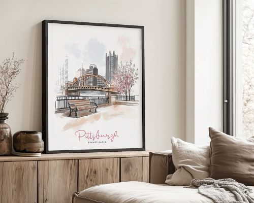 Illustration of Pittsburgh featuring buildings and a bridge with a pastel background.