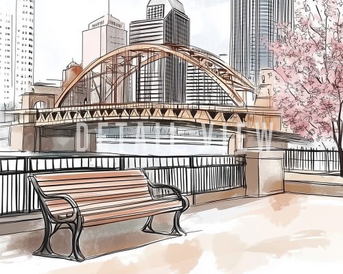 Illustration of a bridge and city buildings in Pittsburgh with a bench in the foreground.