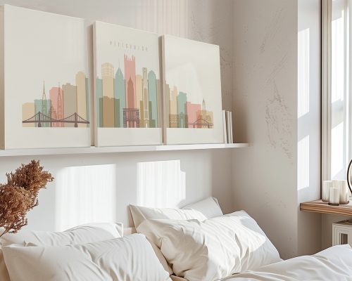 Three canvas prints of Pittsburgh skyline in muted colors displayed on a shelf above a bed.