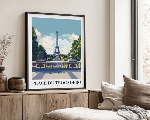 Art print of Place du Trocadéro with the Eiffel Tower in the background and a blue sky.