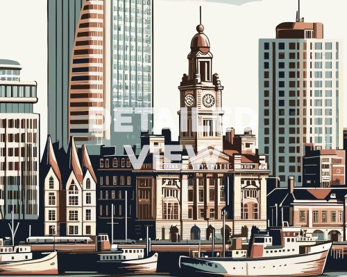 Illustration of Portsmouth cityscape featuring buildings and boats in the harbor.