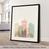 Art print featuring a stylized cityscape of Poznan, Poland with notable buildings and landmarks.