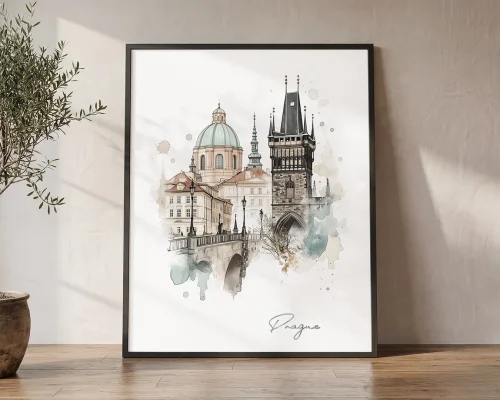 Prague Skyline Drawing — Watercolor Wall Art Print | ArtPrintsVicky