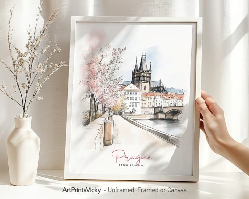 Illustration of Prague featuring a bridge, buildings, and trees in a decorative frame.