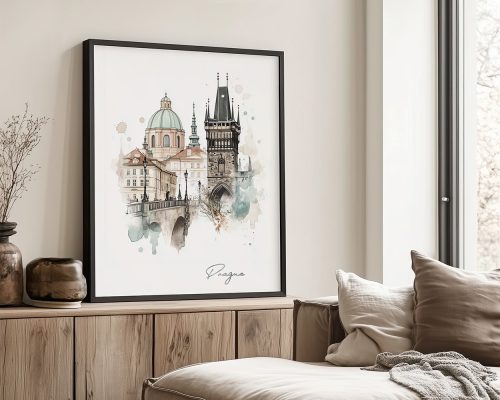 Illustration of Prague featuring notable buildings and architecture in a framed print.