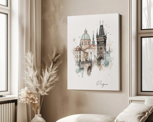 Illustration of Prague featuring the Charles Bridge and nearby buildings in soft colors.