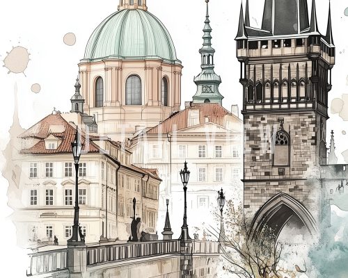 Illustration of Prague architecture featuring a dome building and a tower with intricate details.