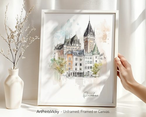 Illustration of a Quebec City building framed and held by a person with a vase nearby.