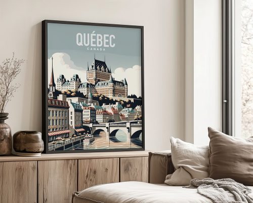 Art print of Quebec City featuring a castle and river in a stylized design.
