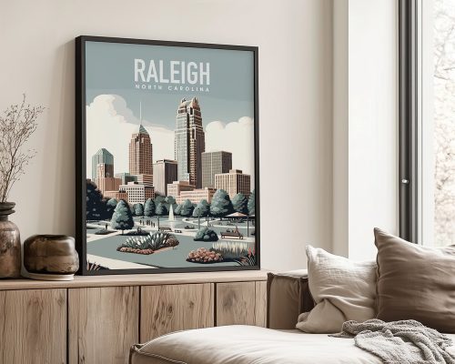 Framed print of Raleigh, North Carolina, featuring city skyline and greenery.