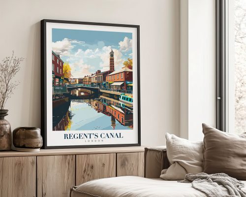 Framed artwork of Regent's Canal in London with reflections on the water.