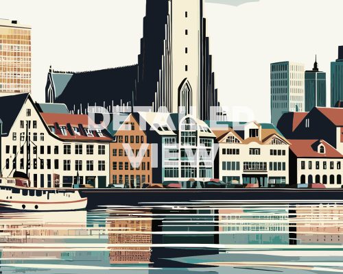 Stylized illustration of Reykjavik's waterfront with buildings and a church tower reflected in the water.