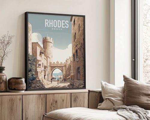 Art print featuring a scenic view of Rhodes, Greece, with a castle and archway leading to the sea.