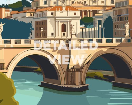 Illustration of a bridge over the Tiber River in Rome with architectural details.