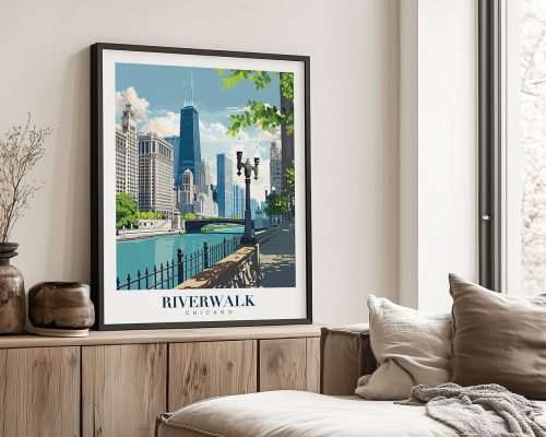Art print depicting the Riverwalk in Chicago with skyscrapers in the background.