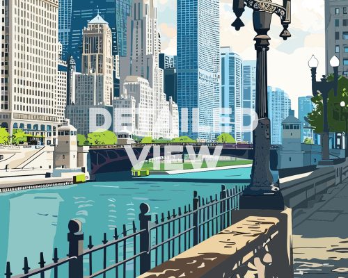 Illustration of the Chicago Riverwalk featuring buildings and a bridge over the river.