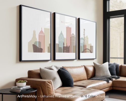 Three framed art prints depicting the skyline of Rochester, NY in a minimalist style.