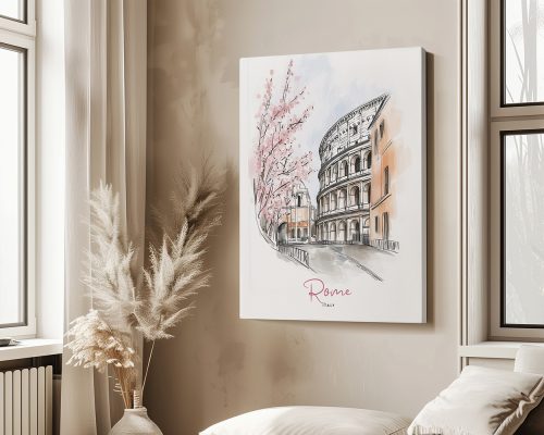 Illustration of the Colosseum in Rome, Italy, with pink cherry blossoms in the foreground.