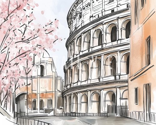 Illustration of the Colosseum in Rome with cherry blossom trees in the foreground.