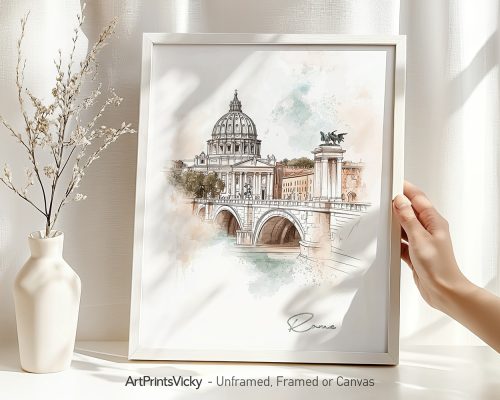 Illustration of St. Peter's Basilica with a bridge and a statue in a soft color palette.