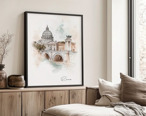 Illustration of St. Peter's Basilica and a bridge in Rome, framed and displayed indoors.