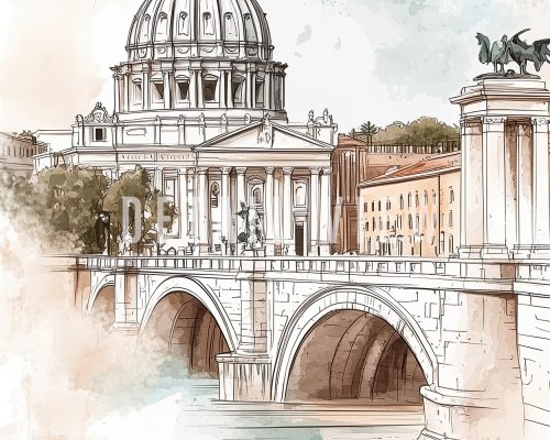 Illustration of St. Peter's Basilica and a bridge in Rome with a soft color palette.