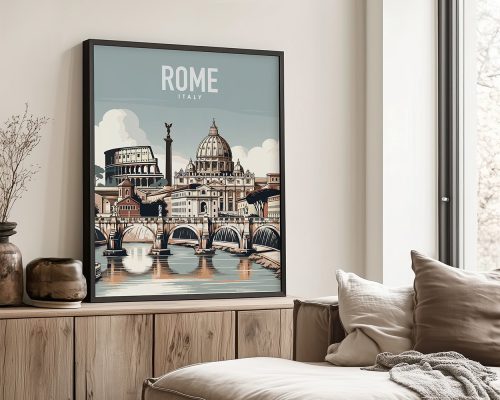 Framed artwork depicting iconic landmarks of Rome, Italy, with a river and bridge in the foreground.