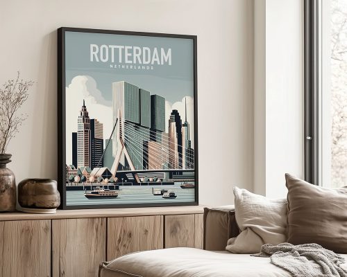 Illustration of Rotterdam's skyline featuring modern buildings and a bridge.