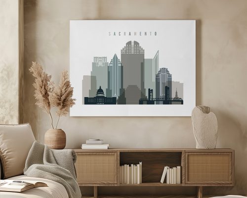 Stylized illustration of Sacramento's skyline with various buildings and structures.