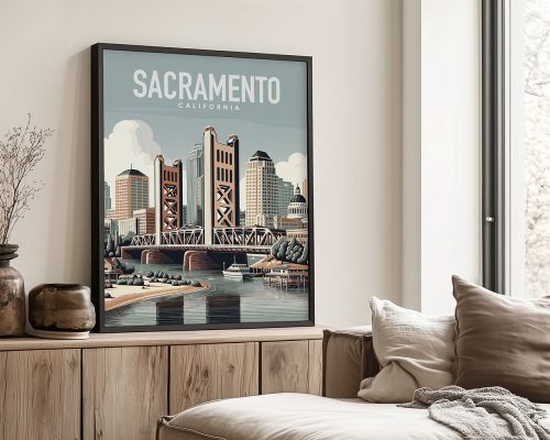 Framed artwork depicting the Sacramento skyline and bridge in a stylized design.
