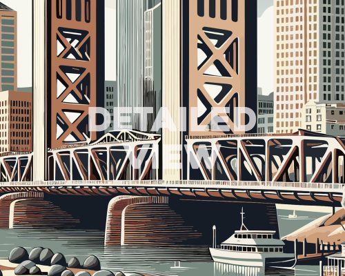 Illustration depicting a detailed view of a bridge in Sacramento with buildings in the background.