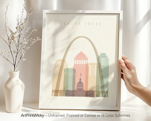 Art print featuring the Saint Louis skyline with the Gateway Arch and notable buildings.