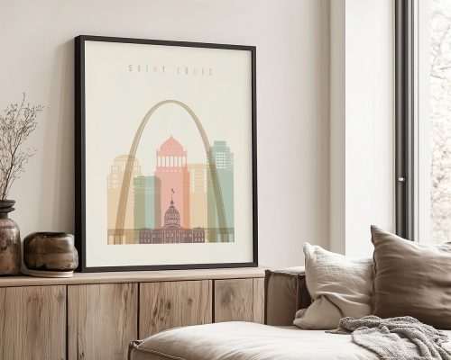 Art print featuring a stylized cityscape of Saint Louis with the Gateway Arch and buildings.