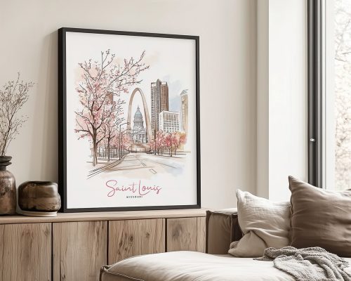 Framed artwork depicting the Saint Louis skyline with cherry blossom trees in the foreground.