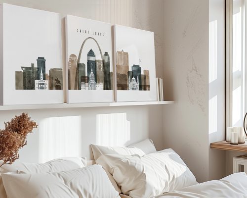 Three art prints depicting the cityscape of Saint Louis with notable buildings and the arch.